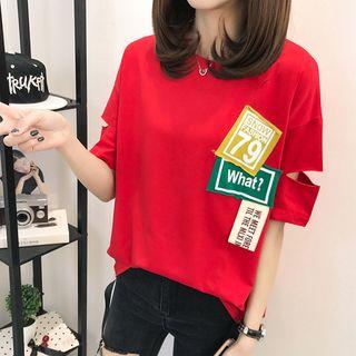 Elbow-sleeve Cutout Applique T-shirt
