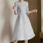 3/4-sleeve Pintuck-waist Tweed Dress