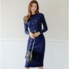 Long-sleeve Knitted Midi Sheath Dress Blue - One Size