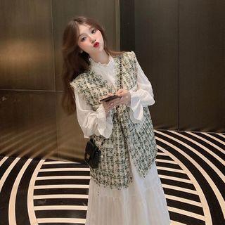 Flared-sleeve Midi Shift Dress / Plaid Vest / Set