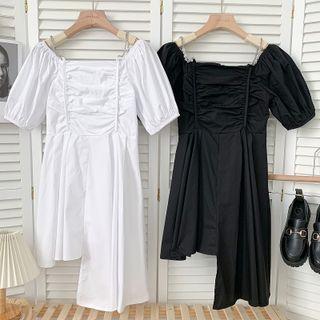 Asymmetrical Chain-strap Ruched Midi Dress