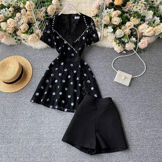 Set: Short-sleeve Dotted A-line Dress + Shorts