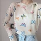 Long-sleeve Butterfly Print Mesh T-shirt Almond - One Size