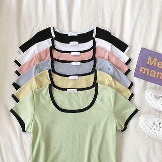 Color-block Crewneck Slim-fit Short-sleeve Top