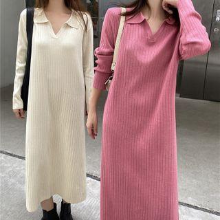 Long-sleeve Knit Midi Shift Dress