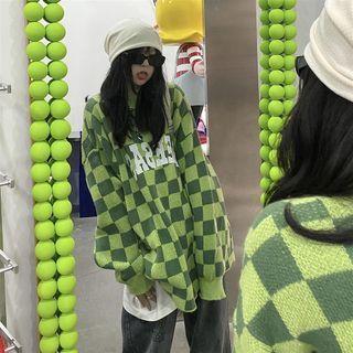 Lettering Chessboard Lattice Knit Sweater