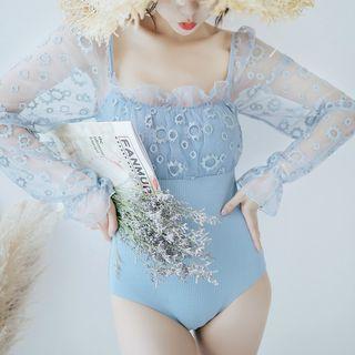 Lace-up Back Long-sleeve Swimsuit