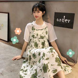 Set: Chiffon Short-sleeve T-shirt + Flower Print Midi Spaghetti Strap Dress