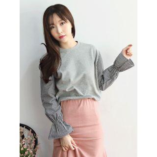 Gingham-sleeve Cotton Top