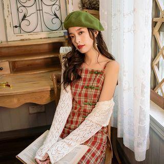 Sleeveless Plaid Sheath Dress / Light Jacket