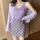 Plain Knit Camisole Top / High-waist Plaid Skirt / Long-sleeve Plain Knit Cardigan