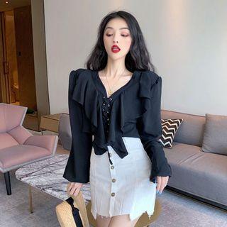 Long-sleeve Ruffle Trim Tie Neck Blouse