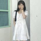 Puff-sleeve Lace-up Ruffled A-line Dress White - One Size