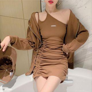 Asymmetrical Spaghetti Strap Shirred Sheath Dress / Zip Hoodie