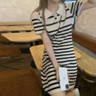 Short-sleeve Striped Mini A-line Polo Dress Stripe - Black & Beige - One Size