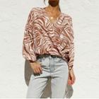 Batwing-sleeve V-neck Zebra Print Blouse