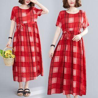 Plaid Short-sleeve Drawstring-waist Midi A-line Dress