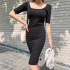 Square-neck Textured Midi Bodycon Dress