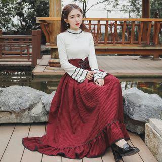 Set: Lace Trim Long-sleeve Knit Top + High Waist Midi A-line Skirt