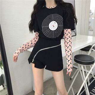 Moon Long-sleeve Top / Print Loose-fit Short-sleeve T-shirt / Zip Shorts