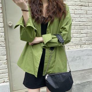 V-neck Collared Long Sleeve Blouse Green - One Size