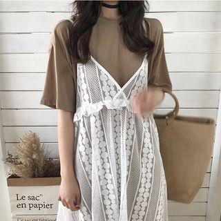 Plain Elbow Sleeve T-shirt Dress / Lace Spaghetti Strap Dress