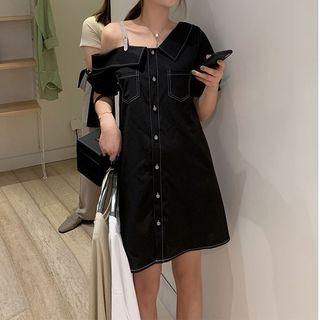Cold-shoulder Single-breasted Mini Dress