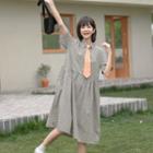 Plaid Short-sleeve A-line Dress / Neck Tie