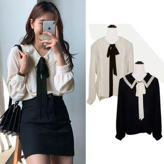 Color-block Bow-accent Long-sleeve Shirt