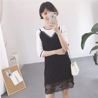 Mock Two Piece Lace Trim Elbow Sleeve Dress