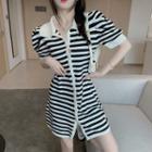 Bell-sleeve Striped Knit Mini Dress Stripes - Black & White - One Size