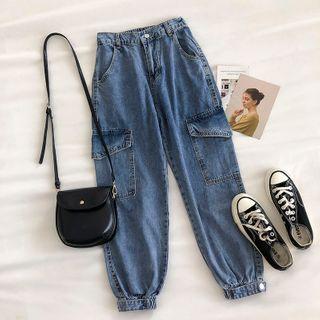 Double-pocket High-waist Cargo Cropped Jeans