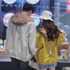 Couple Matching Color Block Printed Hooded Zip Jacket