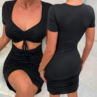 Short-sleeve Drawstring Cutout Sheath Dress
