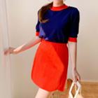 Color-block Knit Miniskirt Two-pieces Set Top - Blue - One Size / Skirt - Red - One Size