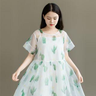 Set: Cactus Print Short-sleeve A-line Midi Dress + Strappy Dress