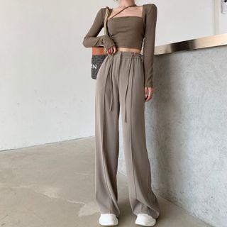 Square-neck Long Sleeve Crop Top / High Waist Drawstring Wide Leg Pants