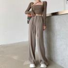 Square-neck Long Sleeve Crop Top / High Waist Drawstring Wide Leg Pants