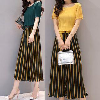 Set: Short-sleeve Chiffon Top + Striped Wide-leg Pants / Set: Sleeveless Chiffon Top + Striped Wide-leg Pants