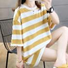 Oversize Elbow-sleeve Striped T-shirt