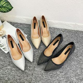 Pointy Toe Kitten Heel Rhinestone Pumps