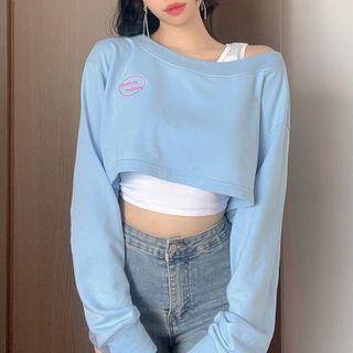 Set: Letter Embroidered Crop Sweatshirt + Tank Top