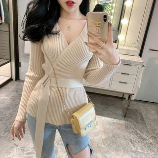 V-neck Belted Ribbed Knit Top