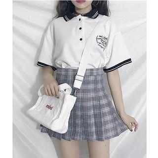 Set: Short-sleeve Polo Shirt + Plaid Pleated Skirt