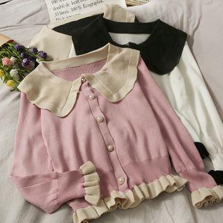 Ruffled-trim Colorblock Button-down Knit Top