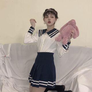 Set: Collared Striped Shirt + Pleated Mini A-line Skirt