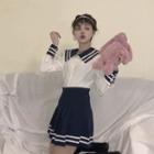 Set: Collared Striped Shirt + Pleated Mini A-line Skirt