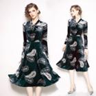 Long-sleeve Paisley Midi A-line Velvet Dress