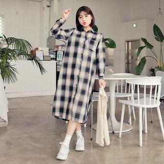 Pocket-detail Checked Long Shirtdress