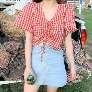 Plaid Drawstring Puff Sleeve Top